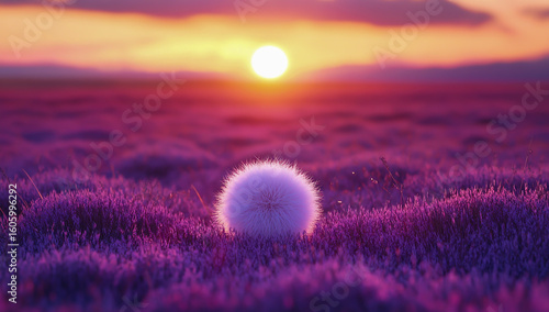 A small, bright, furry sphere floats gently in the center of an infinite, surreal landscape covered in vibrant purple grass under a twilight sky.