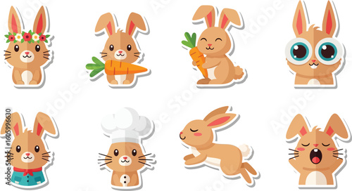 Set of eight cartoon bunnies in various poses and with different accessories, including flowers, a carrot, and a chef's hat.