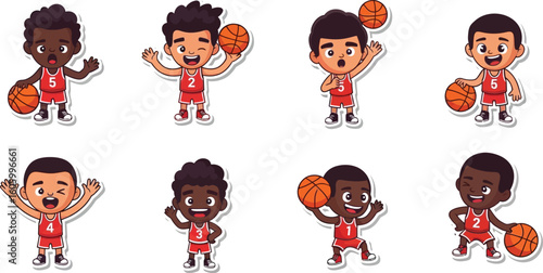 Cartoon basketball players in various poses, with expressions and holding balls.