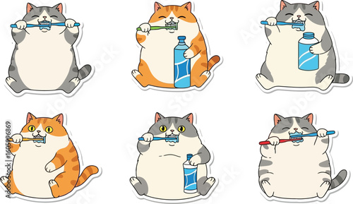 Six cartoon cats, each brushing their teeth, with toothpaste bottles, in a sticker sheet format.
