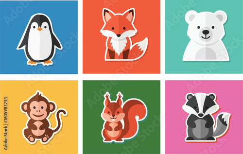 Six adorable cartoon animals: penguin, fox, polar bear, monkey, squirrel, and badger.
