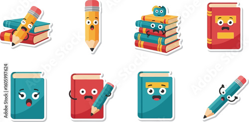 Cartoon books and pencils with expressive faces, various poses.