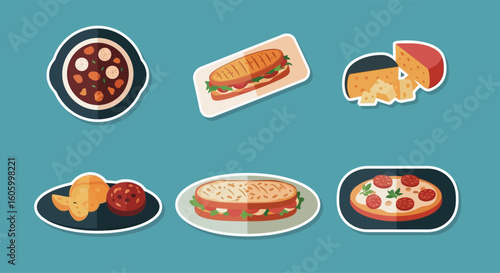 Flat vector illustration of various food items including soup, sandwich, cheese, pizza, and a side dish on a blue background.