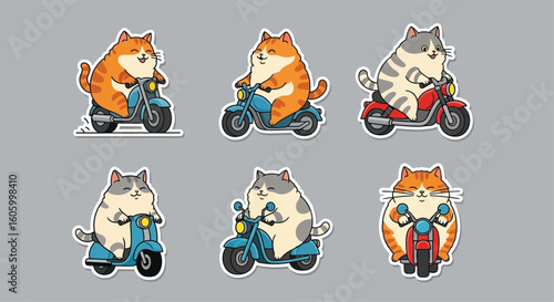 Cute cartoon cats riding various motor scooters in a set of stickers.