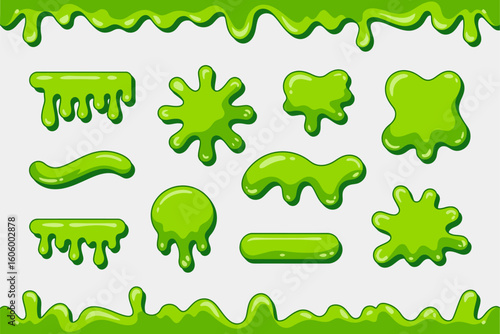 Dripping slime border set, green goo splatter collection, cartoon slime elements, vector illustration, Halloween design