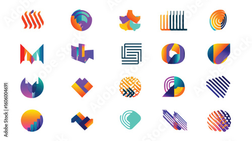 A colorful set of vector icons for design, a collection of geometric shapes and symbols for your company identity