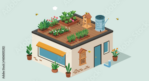 Charming Isometric Illustration of a Rooftop Garden with House