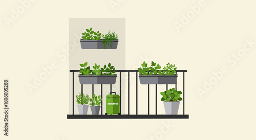 Urban balcony garden with fresh green herbs and plants in containers. A modern flat vector illustration of home horticulture.