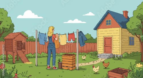 Sustainable living concept illustrated with a woman hanging laundry in a country backyard with chickens and a compost bin.