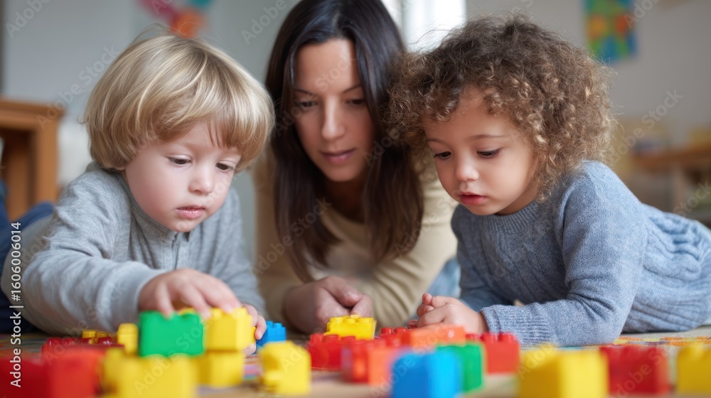 A woman and two children playing with colorful building blocks in a classroom setting. A woman and two children playing with colorful building blocks in a classroom setting.