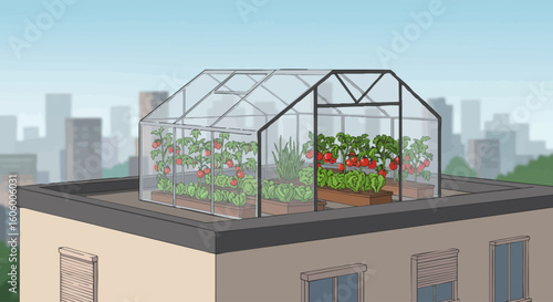 Illustration of a rooftop greenhouse for urban agriculture, growing fresh tomatoes high above the city skyline.