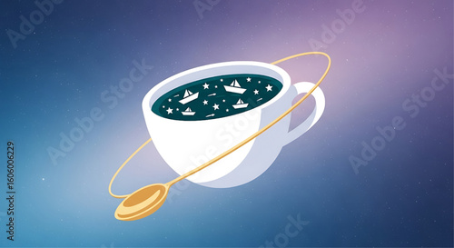 A whimsical illustration of a teacup filled with a starry night scene, complete with boats.