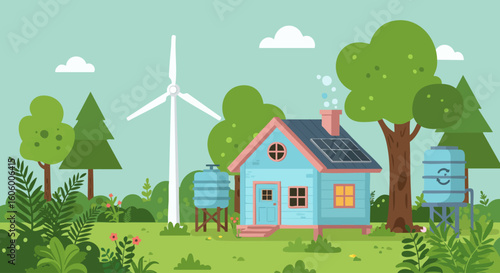 Eco-friendly house with solar panels and a wind turbine. Sustainable living concept with renewable energy and water conservation system.