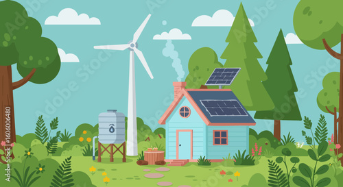 A charming eco-friendly home in the forest powered by renewable energy sources, showcasing a sustainable and green lifestyle.