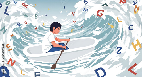 A young person rows a bathtub through a turbulent sea of letters, symbolizing navigating challenges.