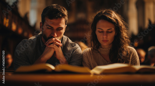 Couple praying together with Bible in church