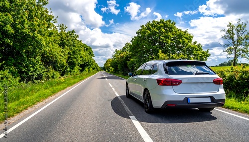 A silver car on a rural road under a partly cloudy sky