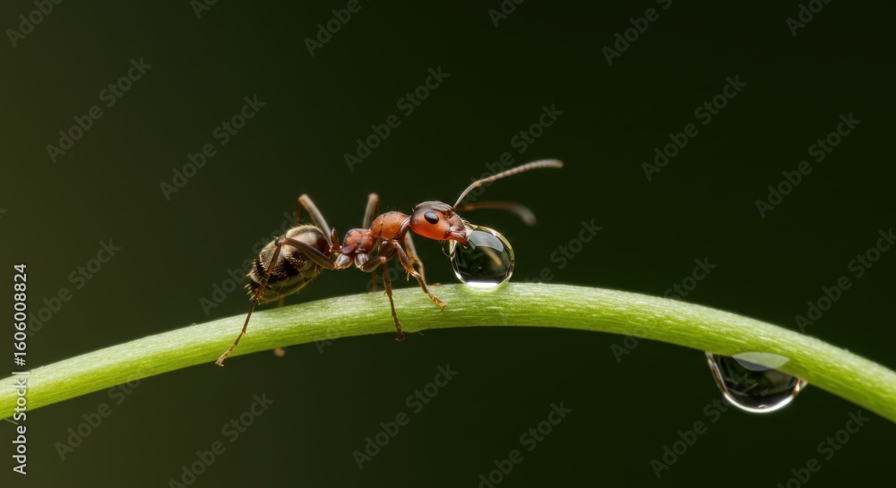 Fototapeta premium Tiny Ant Drinking a Clear Water Droplet on a Curved Green Stem