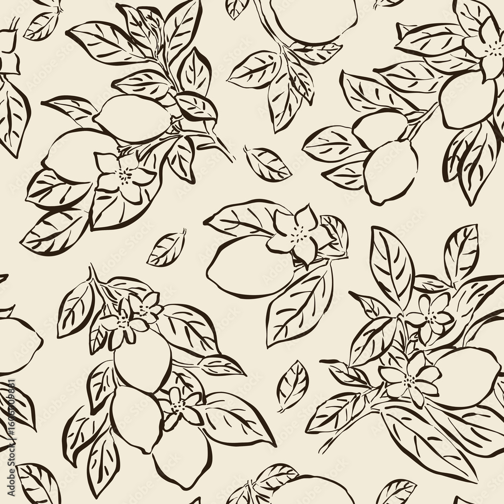 Fototapeta premium Patrón sin costuras de limones estilo garabato en fondo neutro. Fondo minimalista de limones para textil, papelería y diseño. Limones pintados a mano.