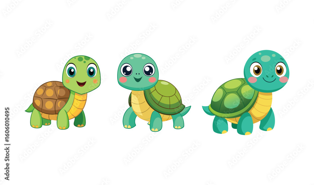 Obraz premium Three cute cartoon baby turtles with big eyes and smiling faces
