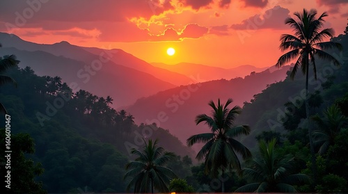 Majestic tropical sunset paints the sky with vibrant hues over layered mountain silhouettes and lush palm trees.