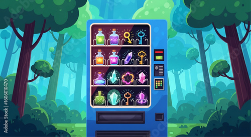 A whimsical vending machine dispensing fantasy potions and magical items in a vibrant forest setting.