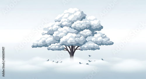 A snow-laden tree stands serenely amidst a soft, ethereal fog, with small birds taking flight nearby.