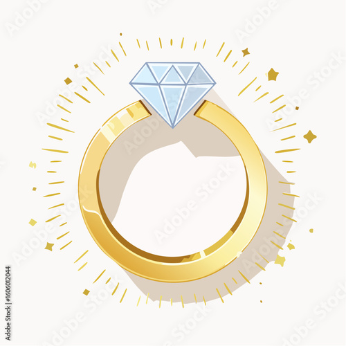 Flat lay vector view of a wedding ring set: gold band, diamond solitaire, and engraving, against a pristine white background