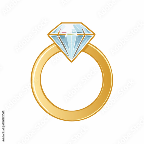 Flat lay vector view of a wedding ring set: gold band, diamond solitaire, and engraving, against a pristine white background