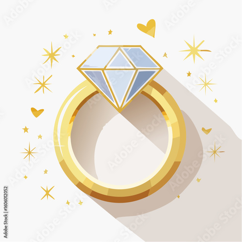 Flat lay vector view of a wedding ring set: gold band, diamond solitaire, and engraving, against a pristine white background
