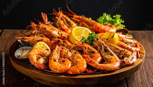 Grilled prawns with lemon slices and herbs