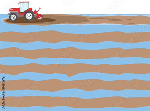 水田の土起こしをしている農業の背景イラストです。
