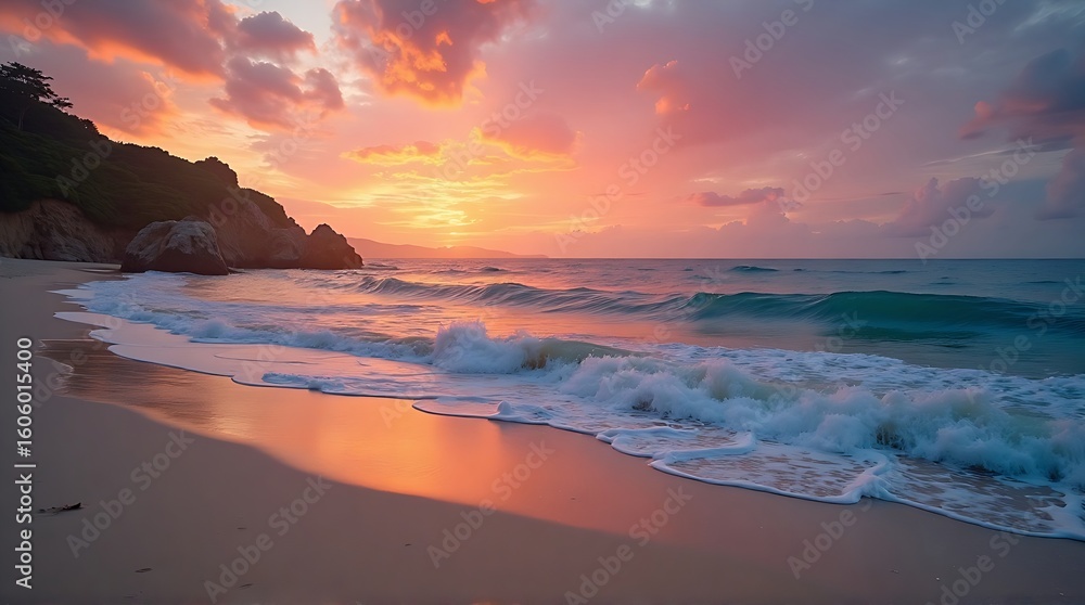Obraz premium Sunrise over a tranquil beach with crashing waves, vibrant colors.