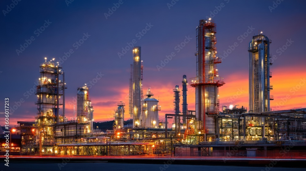 Fototapeta premium A large oil refinery with illuminated towers against a vibrant sunset sky.