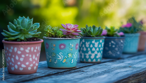 Wallpaper Mural Charming rows of small flower pots, filled with delicate little flowers and a variety of succulents, arranged beautifully on a rustic old wooden table, create a cozy and natural decorative display. Torontodigital.ca