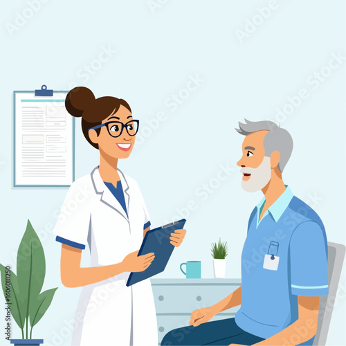 Nurse Talks with Elderly Patient During Clinic Visit
