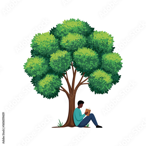 Man reading book under a large green tree outdoor reading summer relaxation nature peace tranquility education knowledge literacy