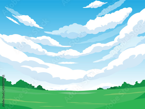 blue cloudy sky illustration for background with green meadows