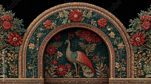 Traditional Mughal Garden Arch with Plants and Peacock – Seamless Pattern

