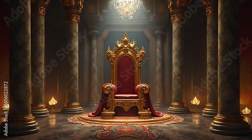 A majestic golden throne sits on a patterned rug in a grand hall, illuminated by a chandelier and surrounded by ornate columns.