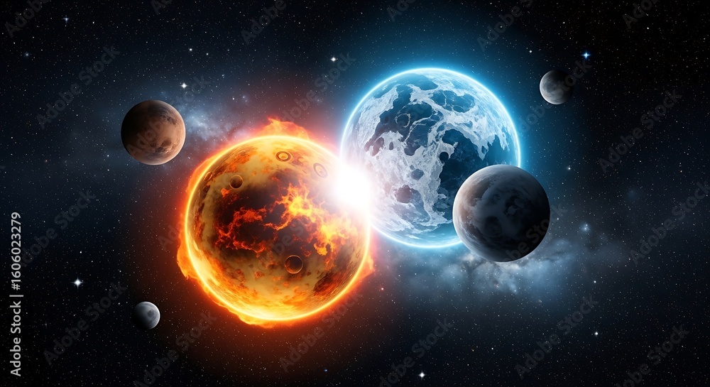 Obraz premium Two planets collide in a cosmic explosion.