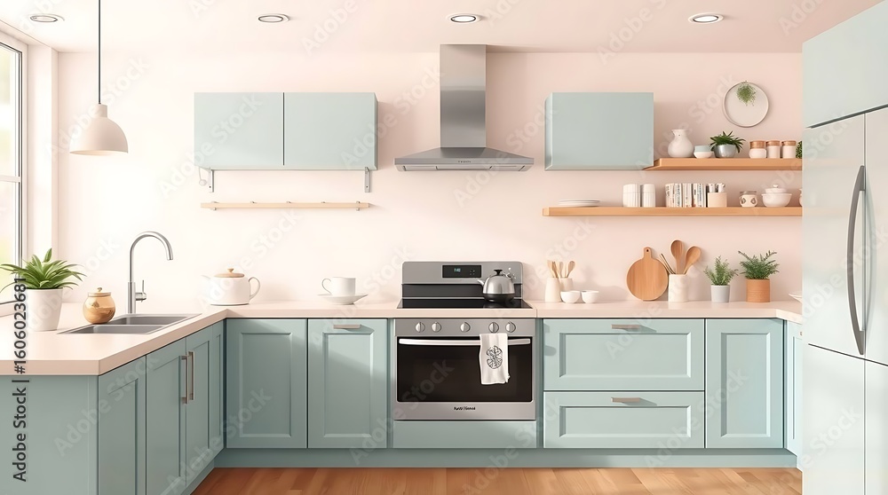 Fototapeta premium Beautiful Kitchen Remodel with Blue Cabinets and Stainless Steel Appliances