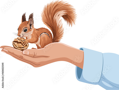 A charming squirrel nibbling on a nut, perched delicately on a gentle hand. Transparent png vector