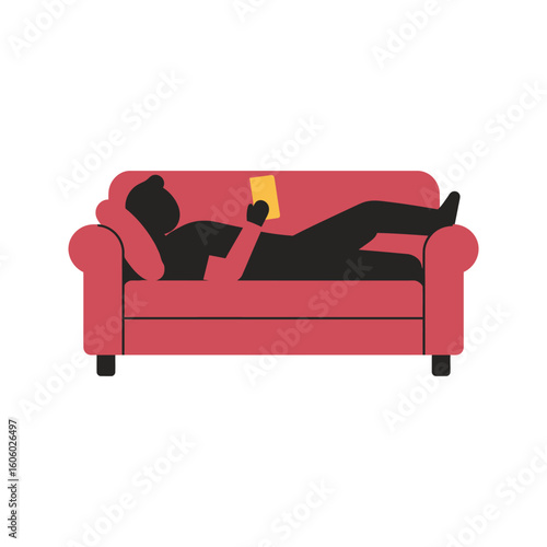Relaxing Man Lying on Red Sofa Reading a Book Flat Vector Illustration