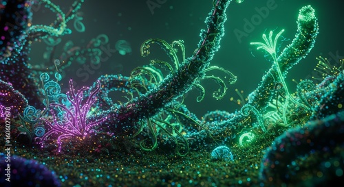 Abstract microscopic life forms with vibrant bioluminescent colors beneath the surface