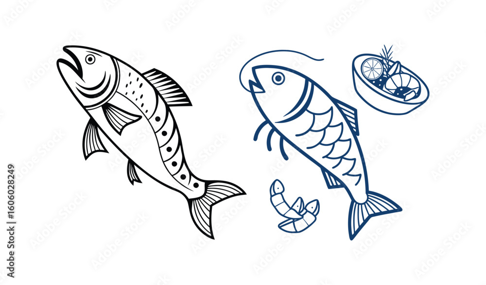 Naklejka premium Two stylized fish drawings with a small bowl and shrimp