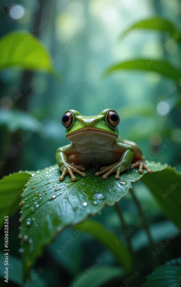 Obraz premium A vibrant green tree frog with large eyes resting on a dewy leaf in a rainforest