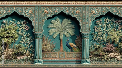 Traditional Mughal Temple Arch with Peacock and Floral Design

