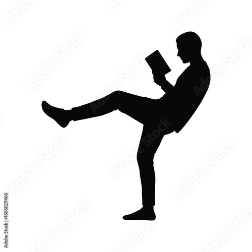 Silhouette of a man casually reading a book leg raised relaxed pose vector illustration bookworm reader studying