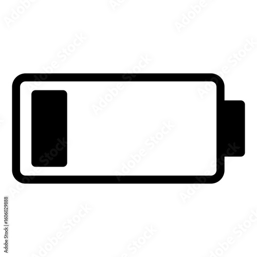 Black and white image of a battery with a low charge. The battery is almost dead